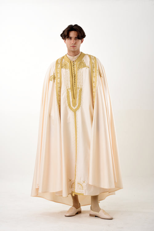 Barnous Tunisien Blanc Cassé & Doré – Élégance Ancestrale Réinventée
