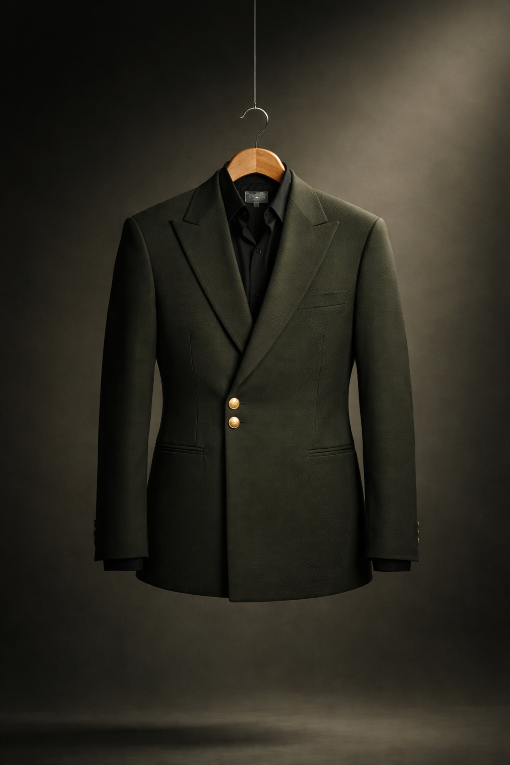 L’Audace du Style : Costume Croisé Vert Olive & Boutons Doré