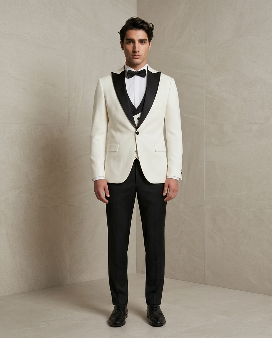 Tuxedo 3-Pièces Contrasté : Veste Blanche & Col Châle Satiné Noir