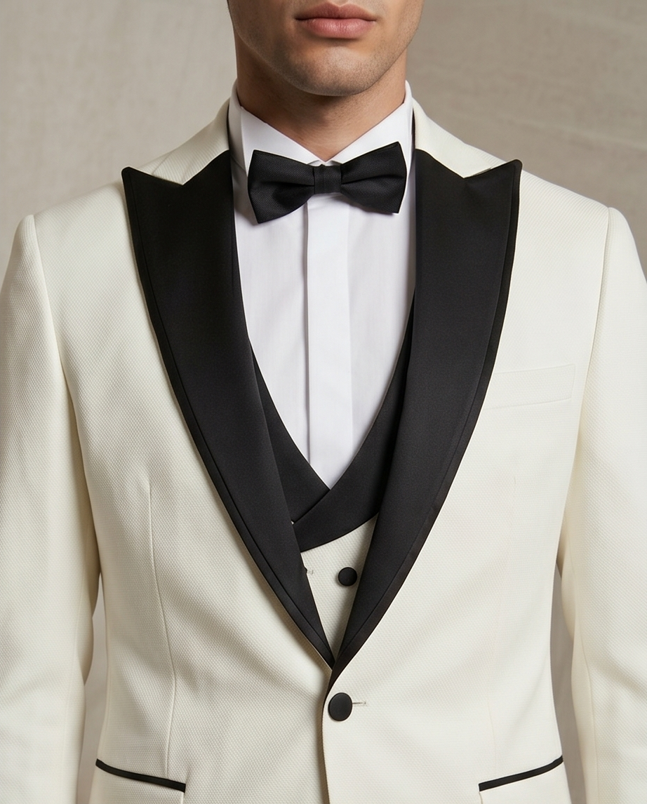 Tuxedo 3-Pièces Contrasté : Veste Blanche & Col Châle Satiné Noir