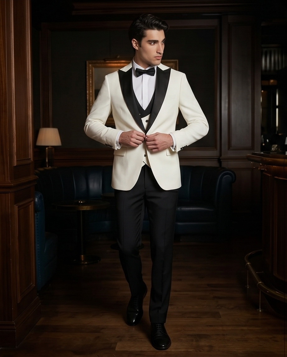 Tuxedo 3-Pièces Contrasté : Veste Blanche & Col Châle Satiné Noir