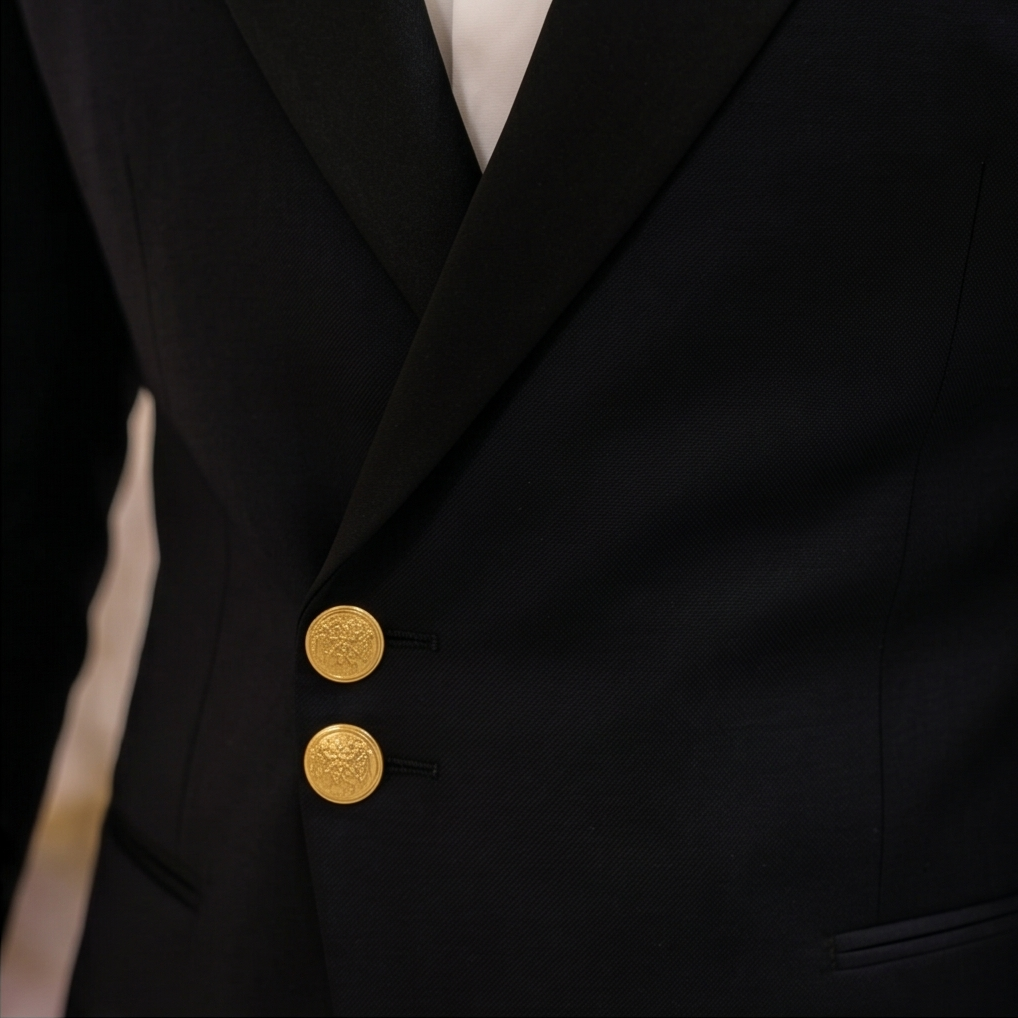 Costume Noir Veste Croisée – Détails Métalliques Dorés