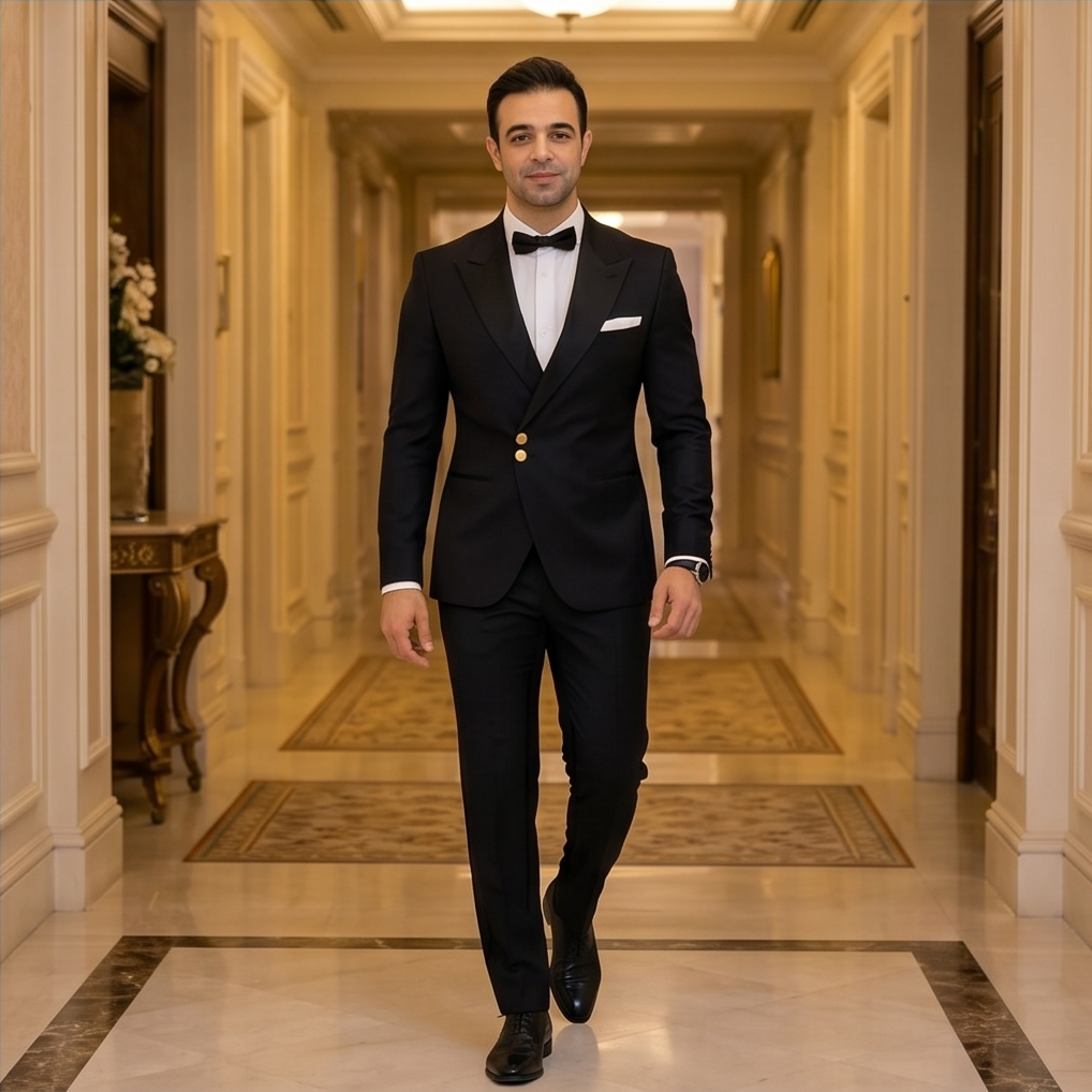 Costume Noir Veste Croisée – Détails Métalliques Dorés