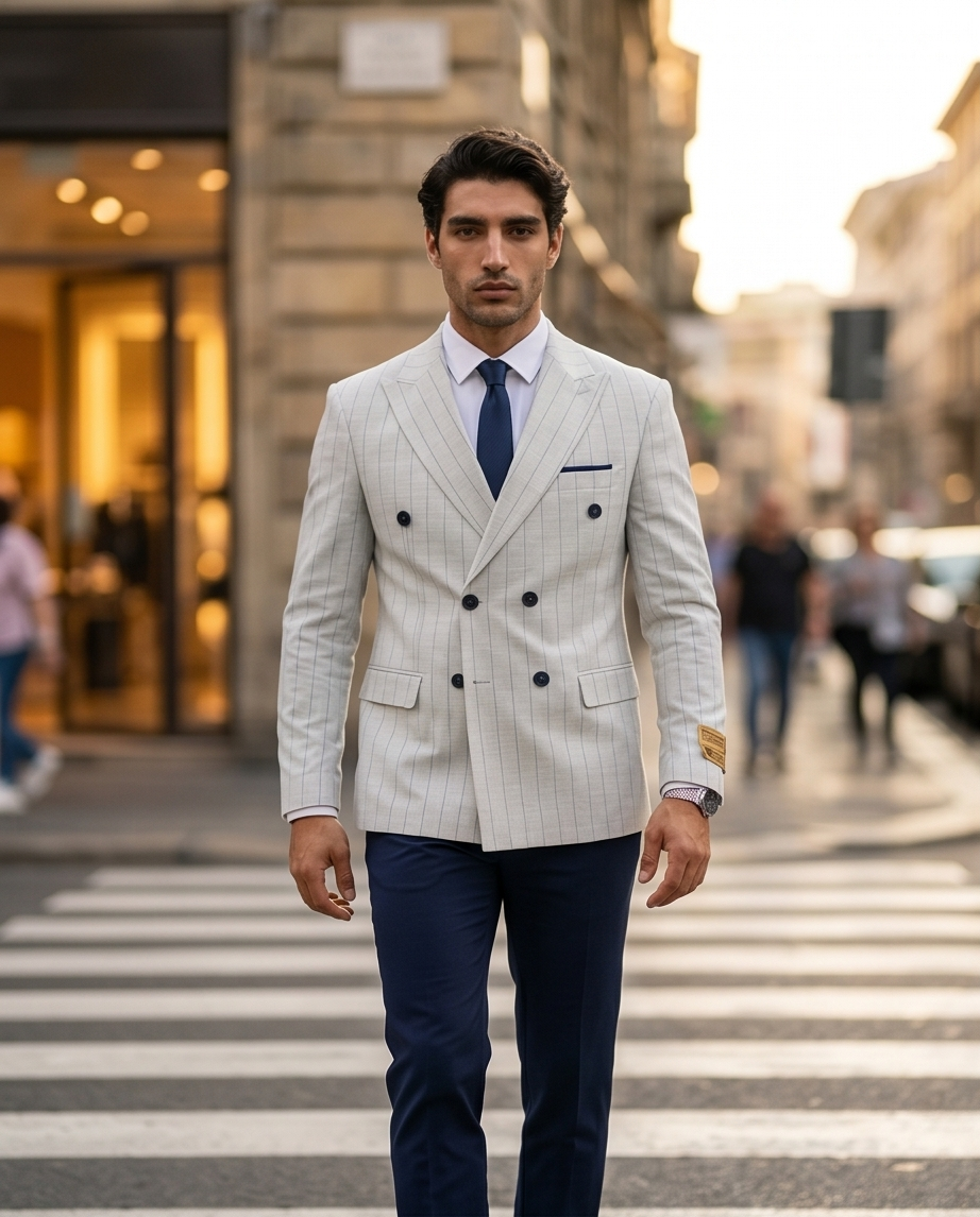 Costume Bleu Rayé – L’Élégance Italienne Moderne