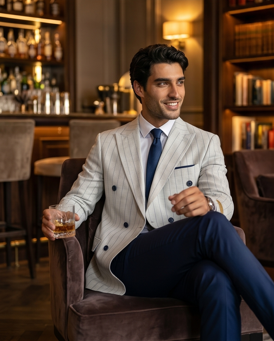 Costume Bleu Rayé – L’Élégance Italienne Moderne
