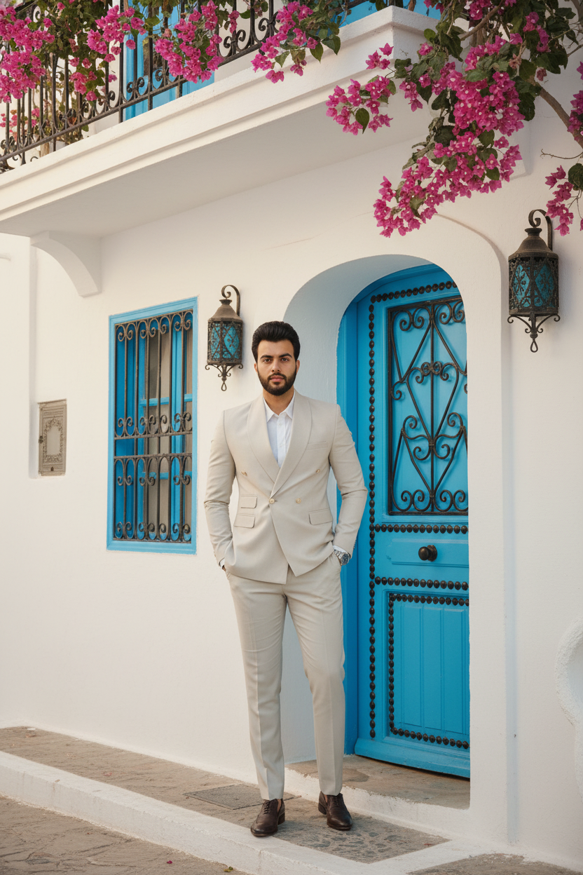 Prestige Ivoire – Costume Beige Croisé d’Exception