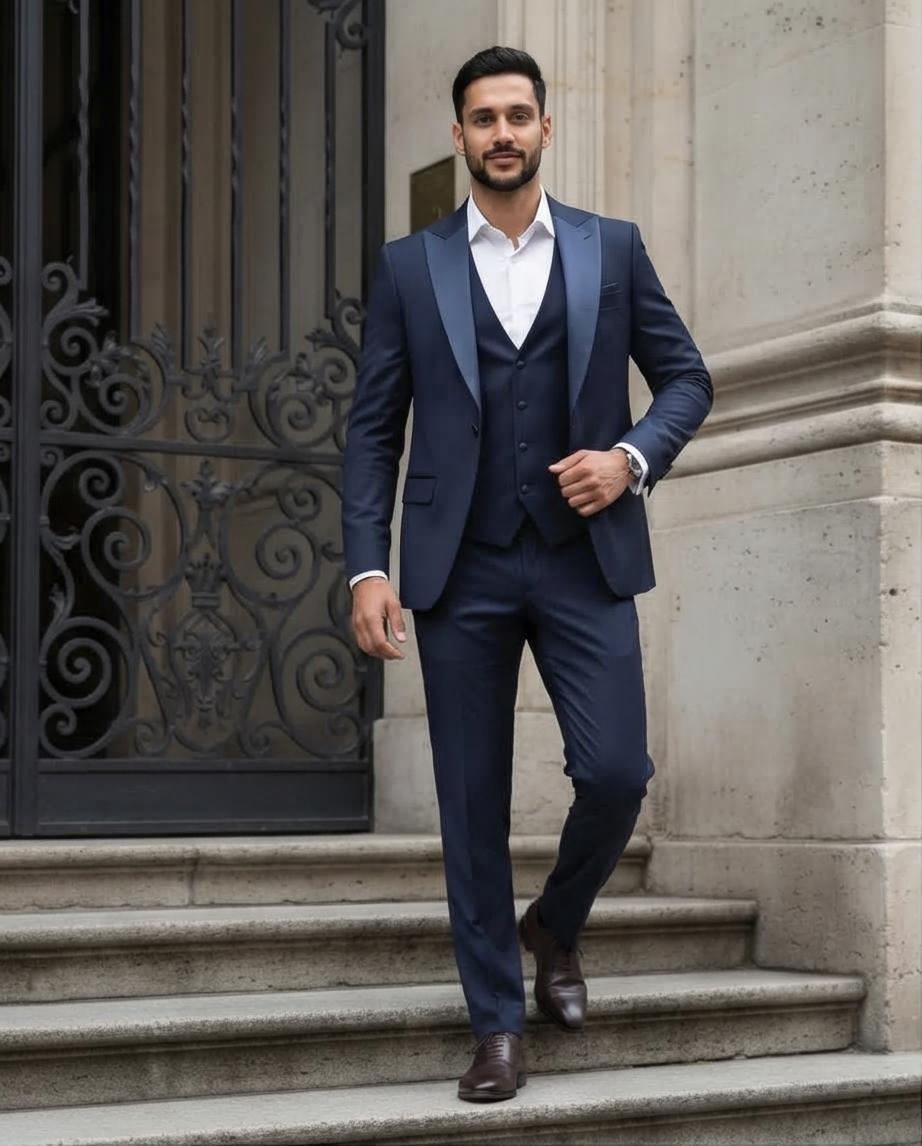 Costume Bleu Nuit Col Satin – Élégance Premium Slim Fit