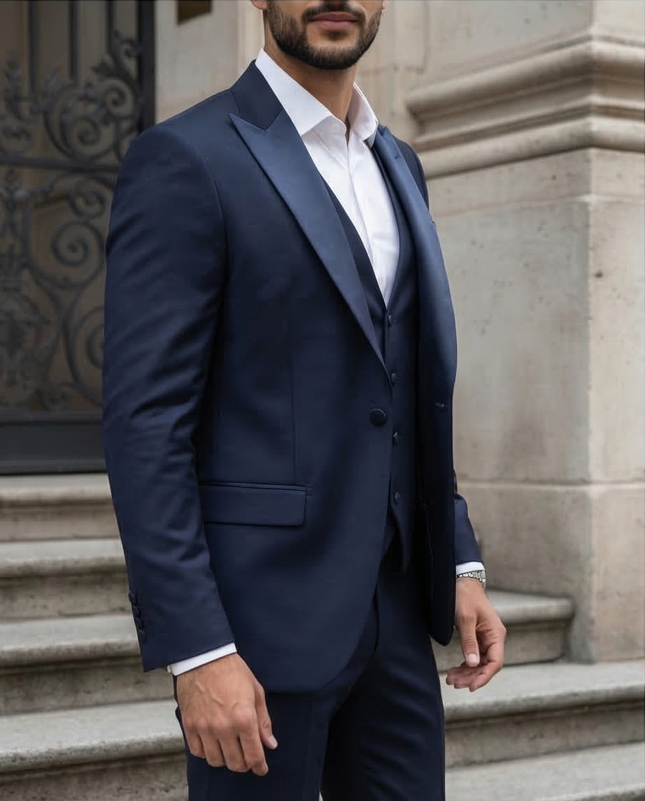 Costume Bleu Nuit Col Satin – Élégance Premium Slim Fit