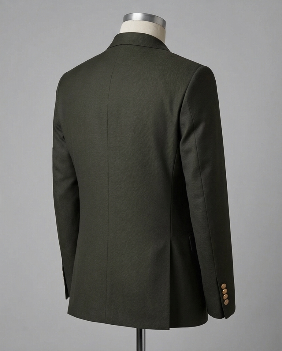 L’Audace du Style : Costume Croisé Vert Olive & Boutons Doré