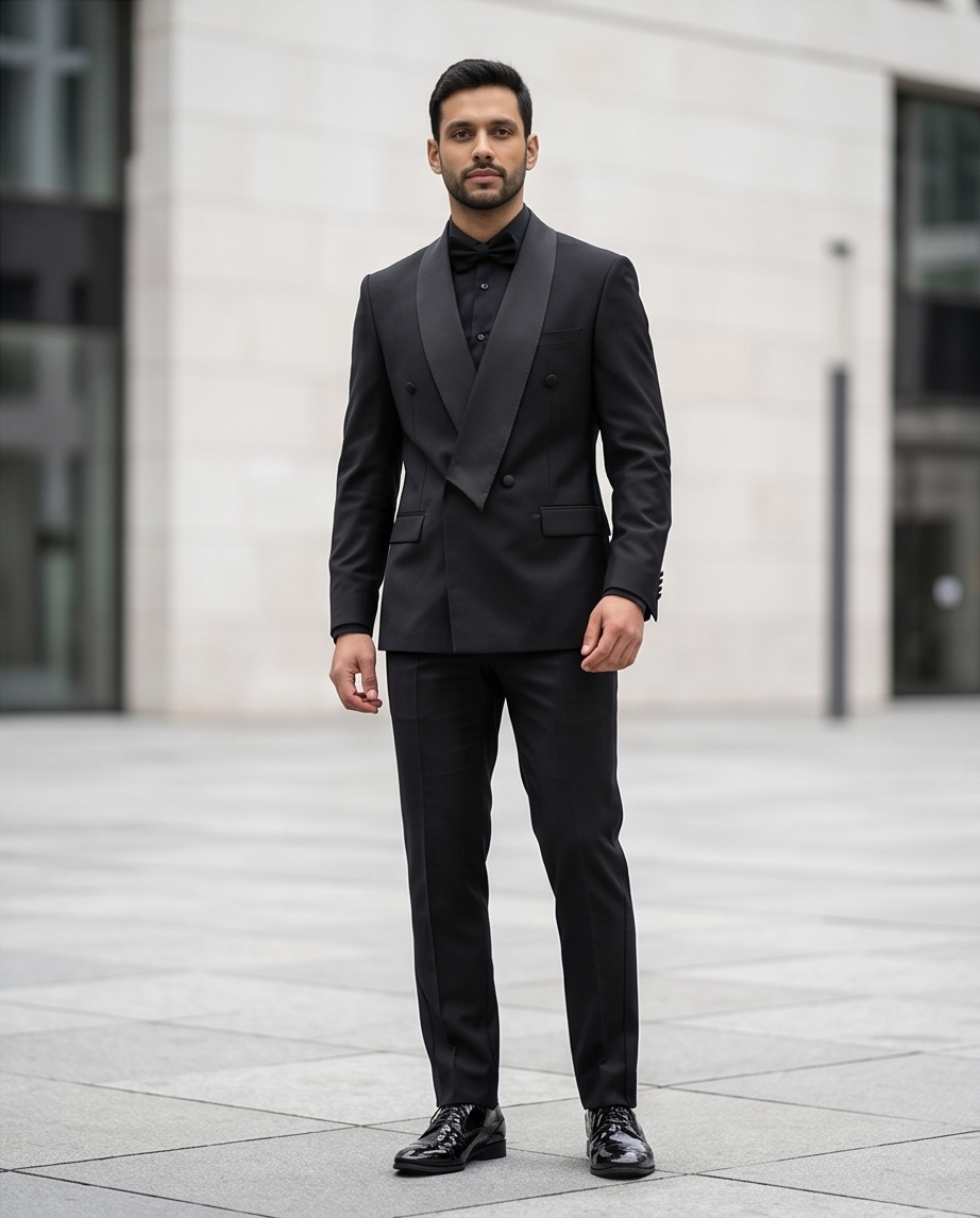Costume Croisé Noir – Élégance Intemporelle Slim Fit