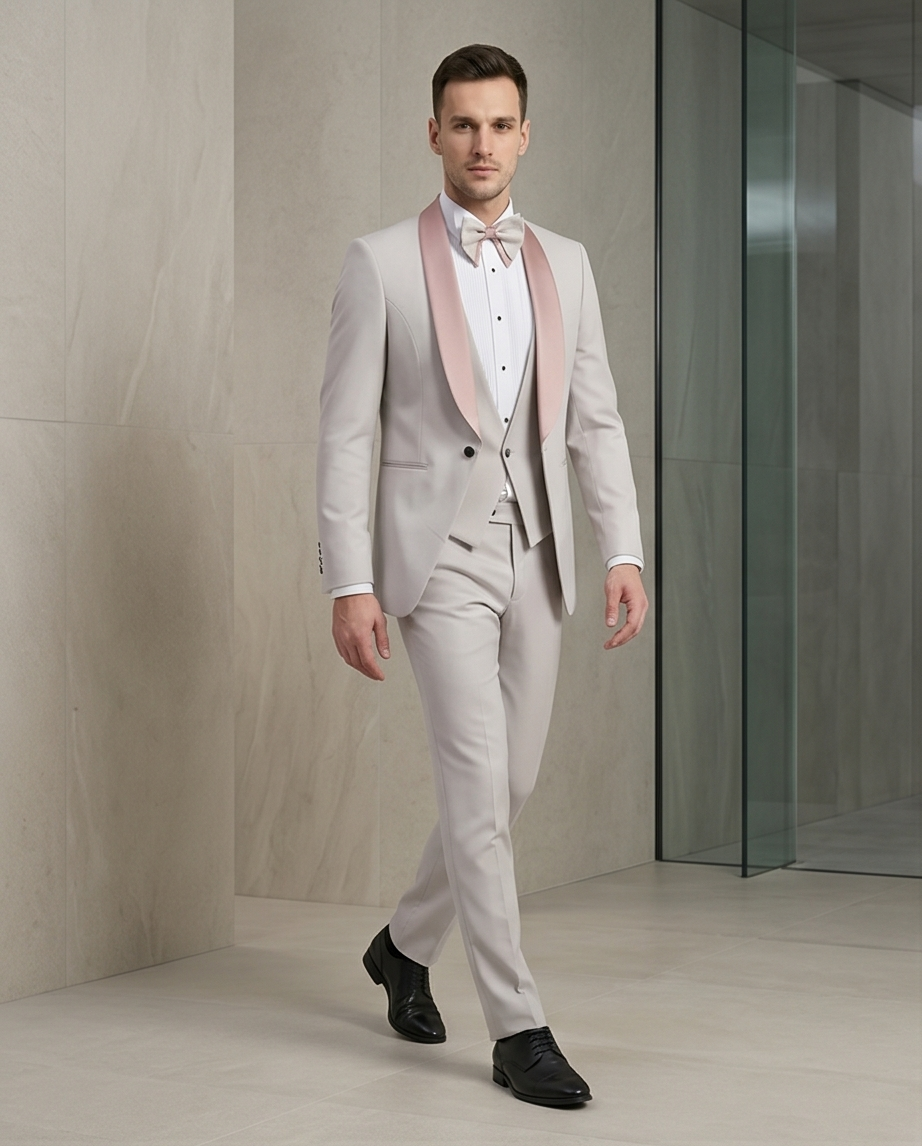 Costume Beige Col Châle – Élégance Raffinée 3 Pièces