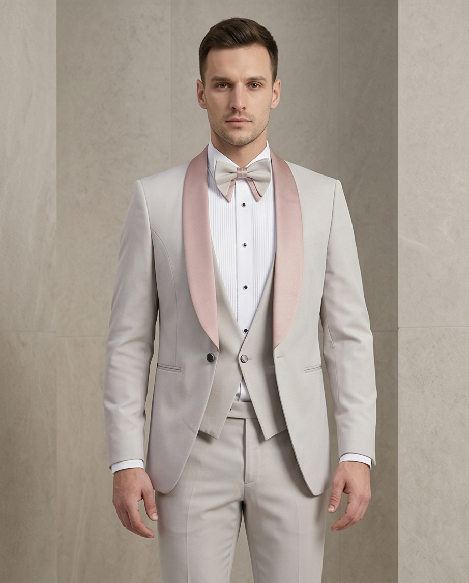 Costume Beige Col Châle – Élégance Raffinée 3 Pièces
