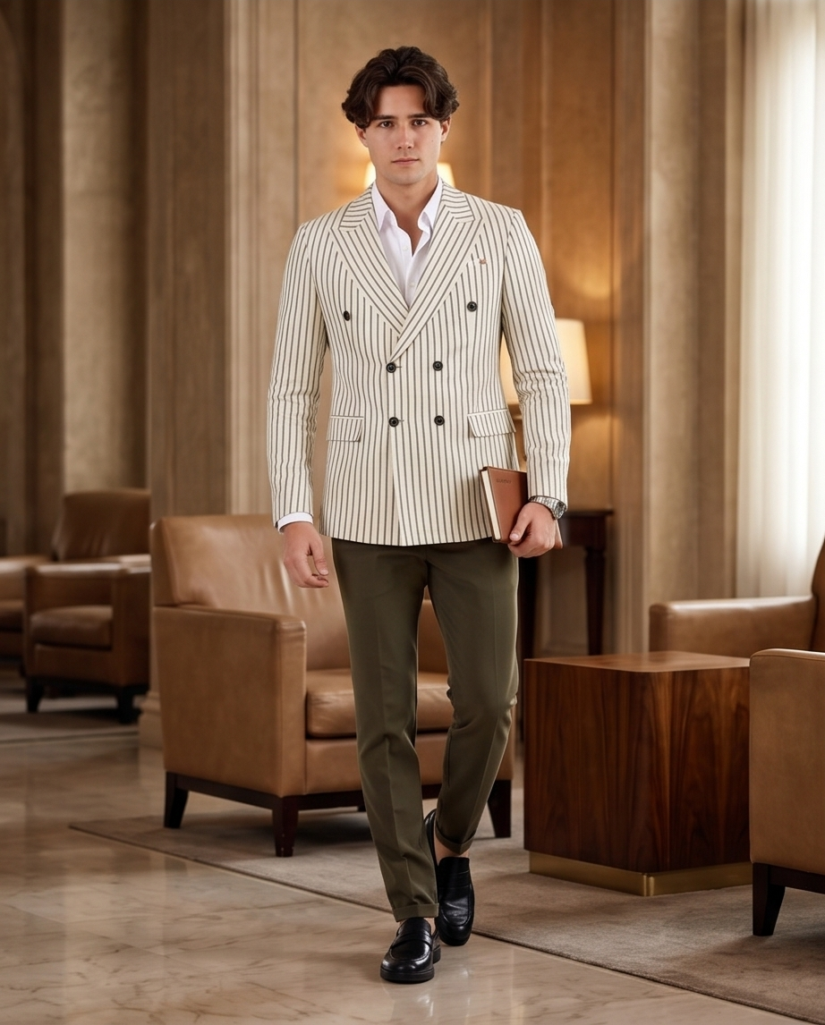 Costume Vert Croisé  à Rayures Élégance Classique