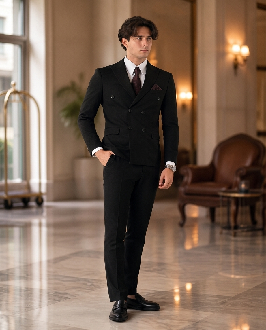 Costume Croisé Noir – Élégance Intemporelle