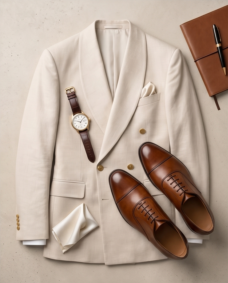 Prestige Ivoire – Costume Beige Croisé d’Exception