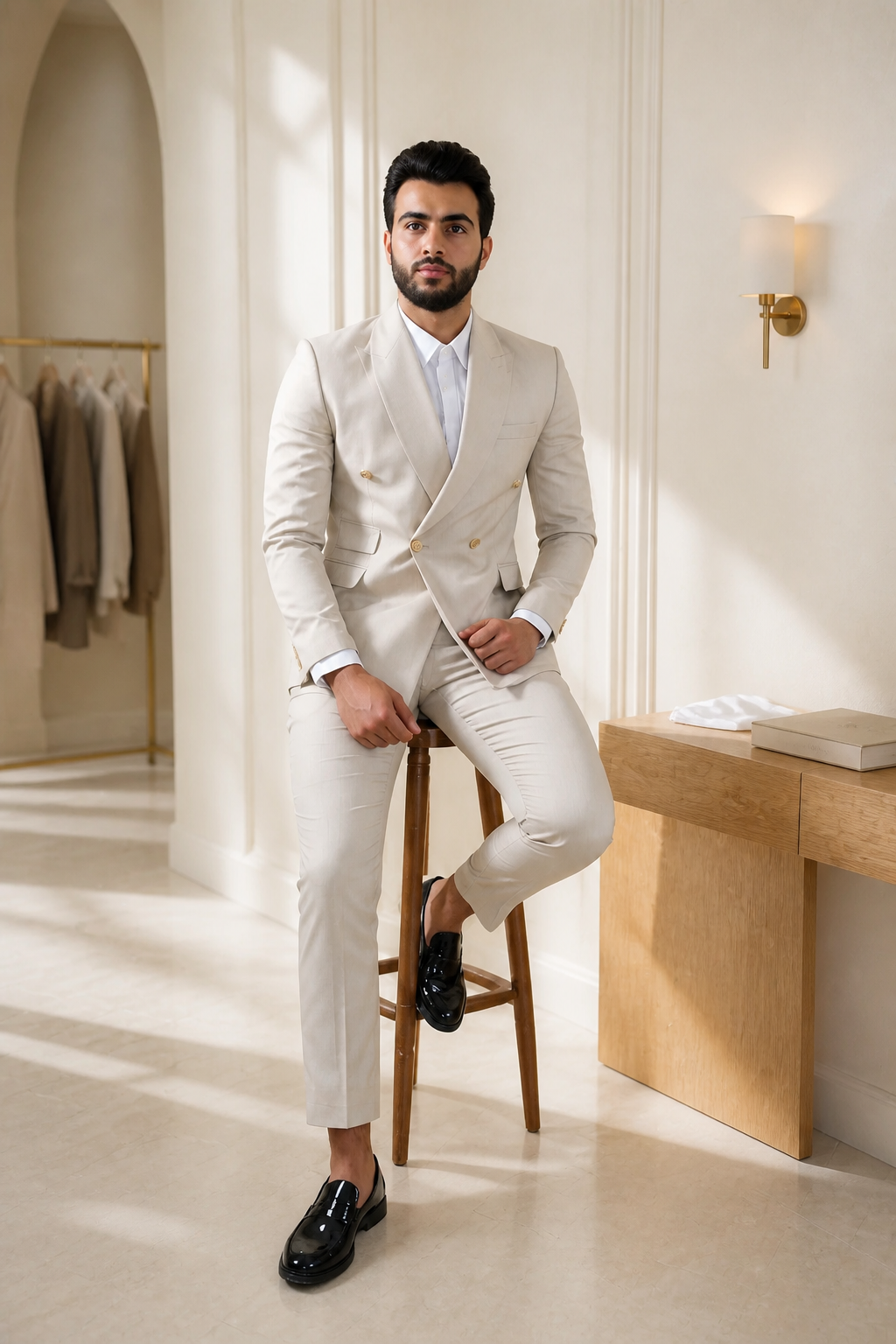 Prestige Ivoire – Costume Beige Croisé d’Exception