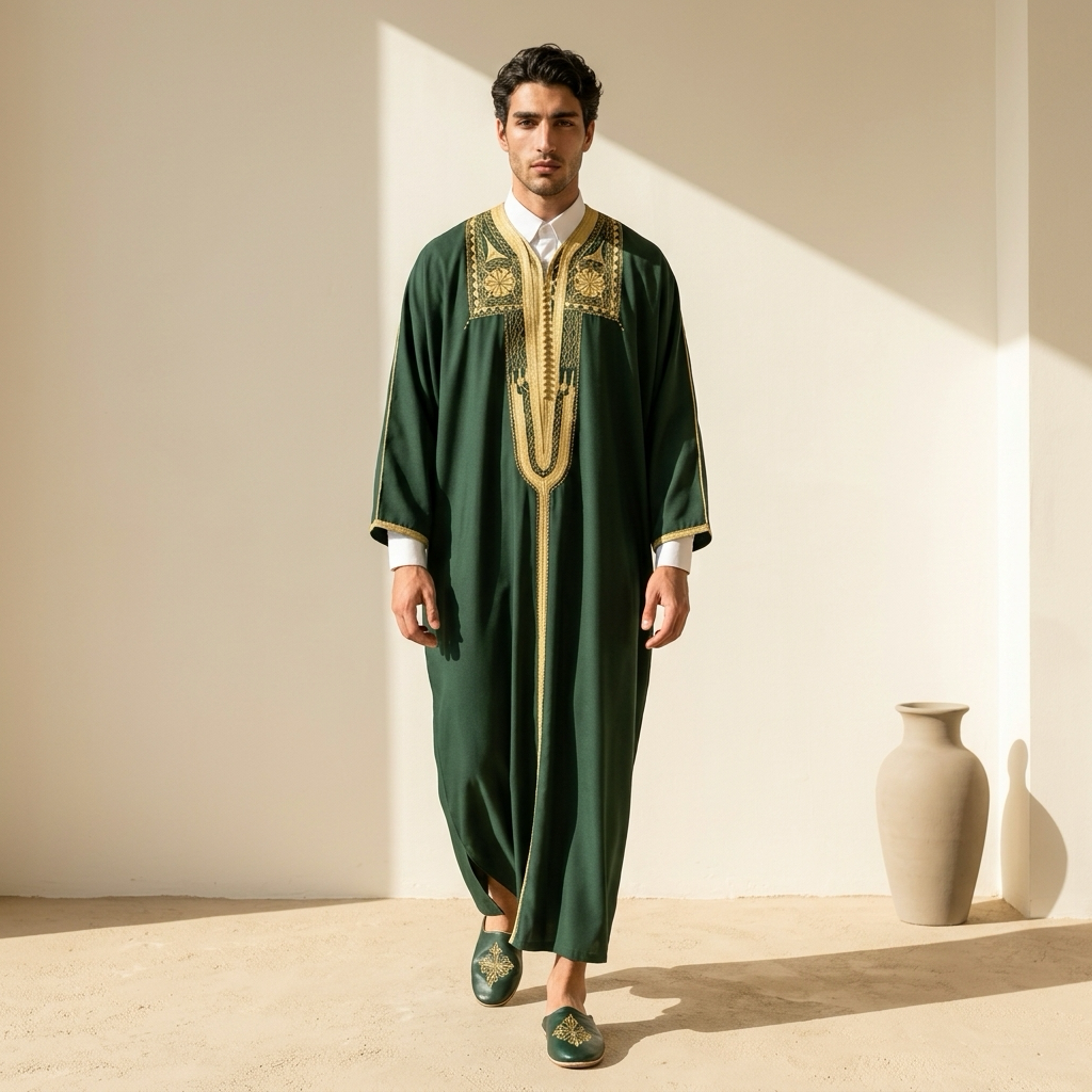 Jebba Tunisienne Traditionnelle – Vert Impérial & Broderies Dorées