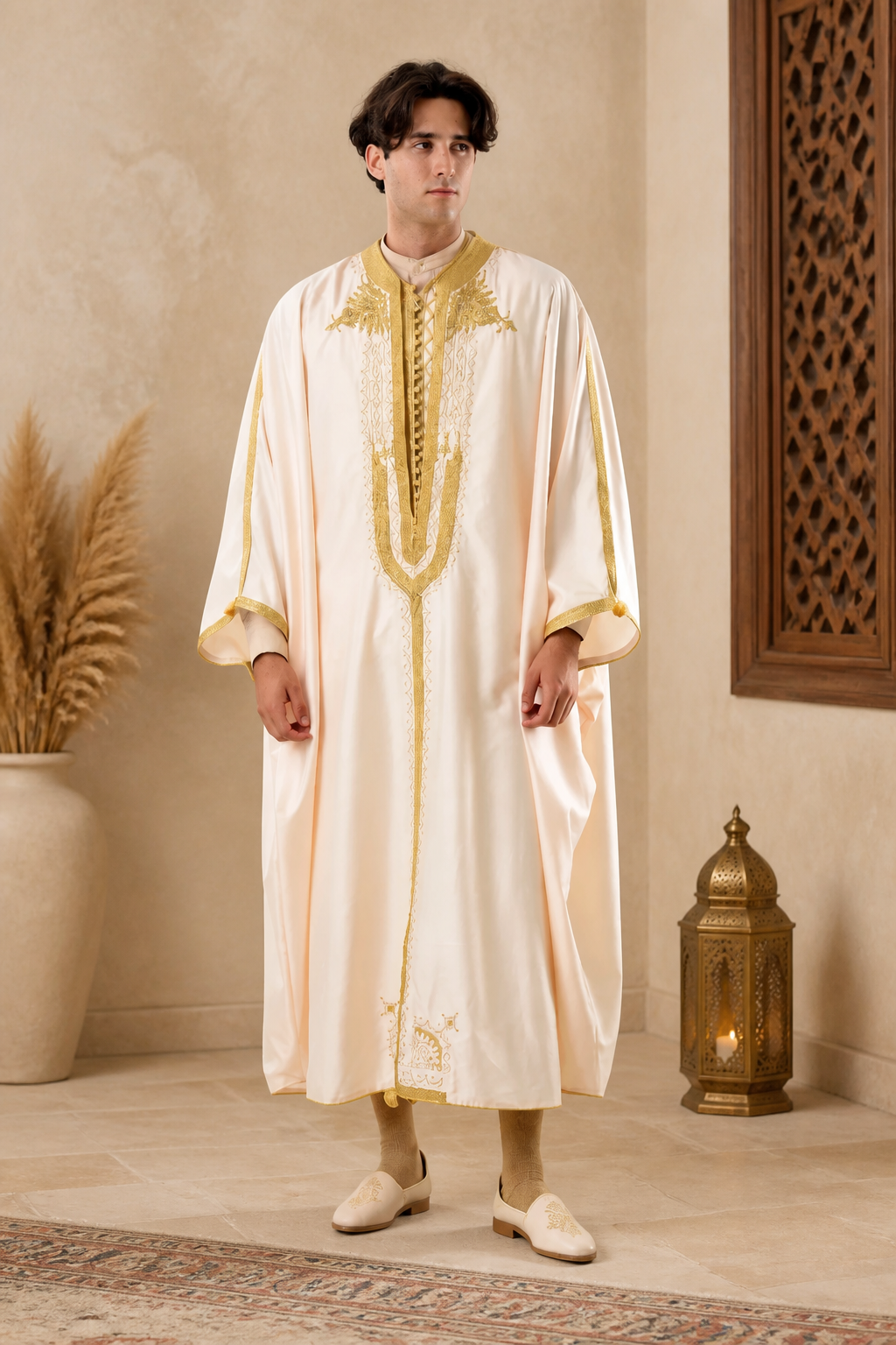 Jebba Tunisienne Blanc Cassé & Doré – Élégance Royale