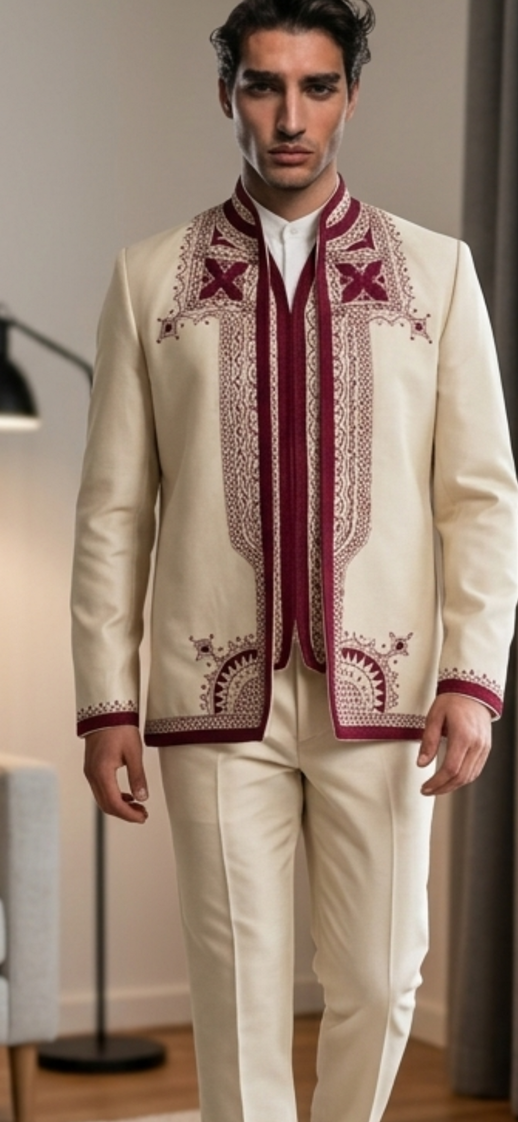 Costume Artisanal Beige bordée en Rouge