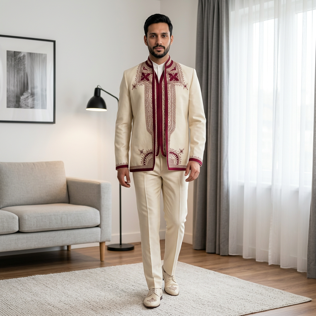 Costume Artisanal Beige bordée en Rouge