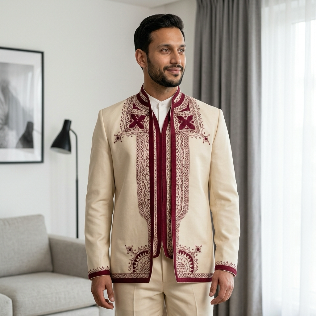 Costume Artisanal Beige bordée en Rouge