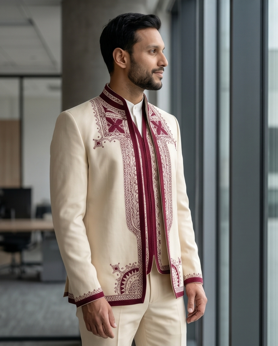 Costume Artisanal Beige bordée en Rouge