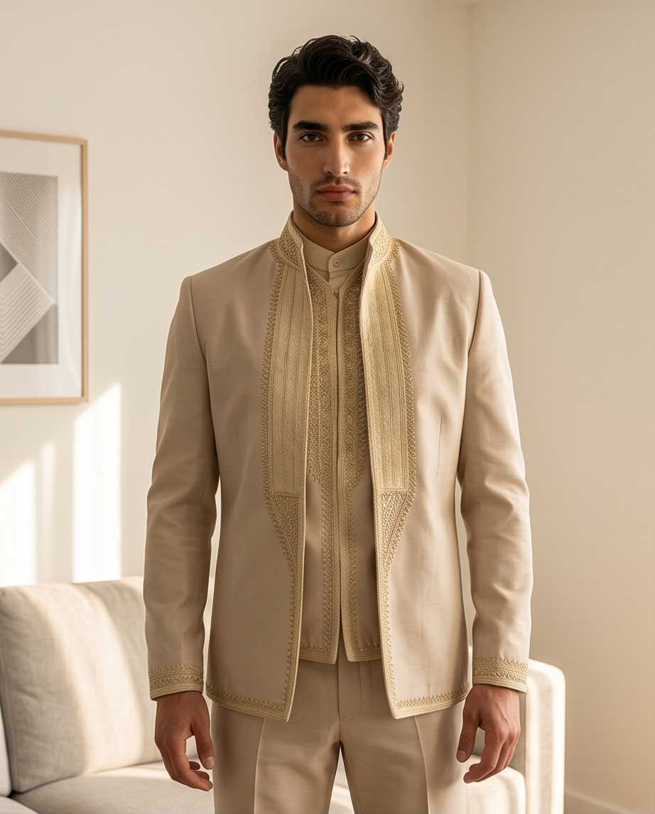 Costume Artisanal Élégant : L'éclat du Beige et Or