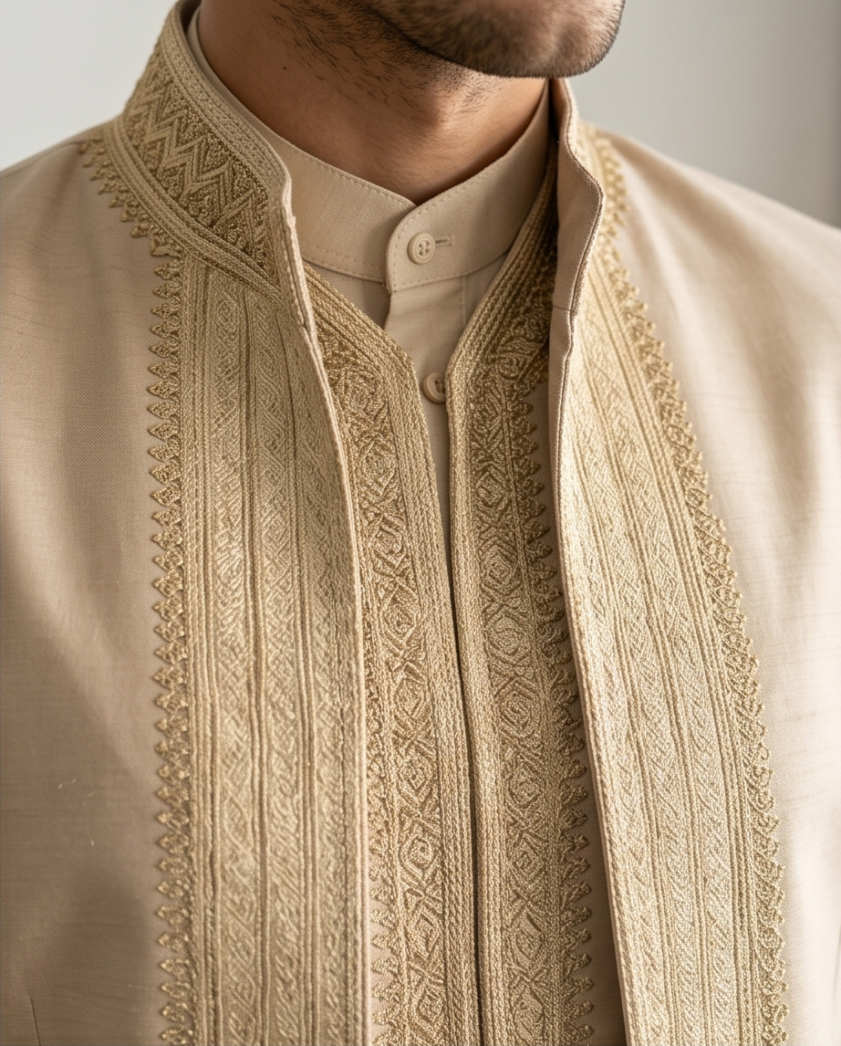 Costume Artisanal Élégant : L'éclat du Beige et Or