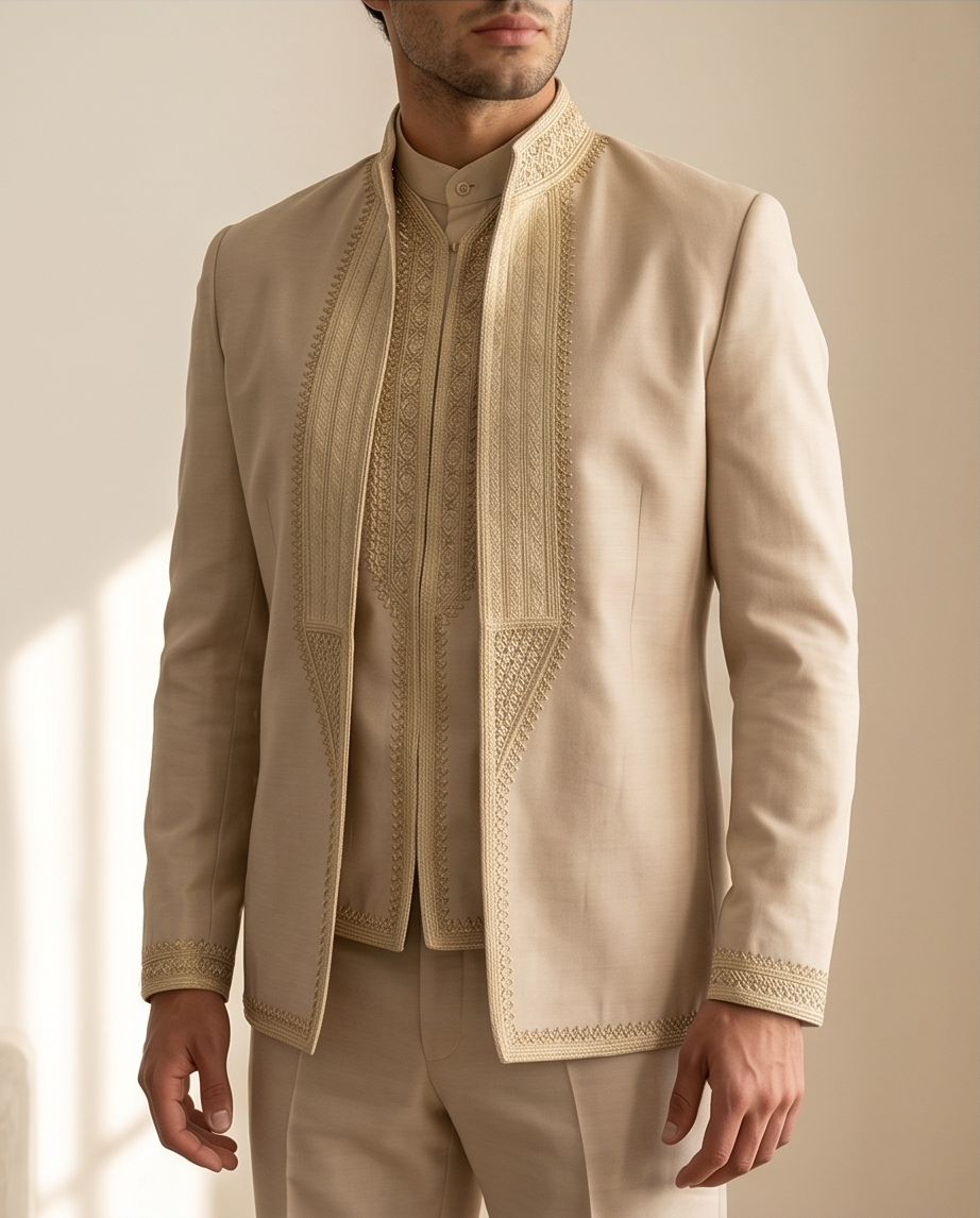 Costume Artisanal Élégant : L'éclat du Beige et Or